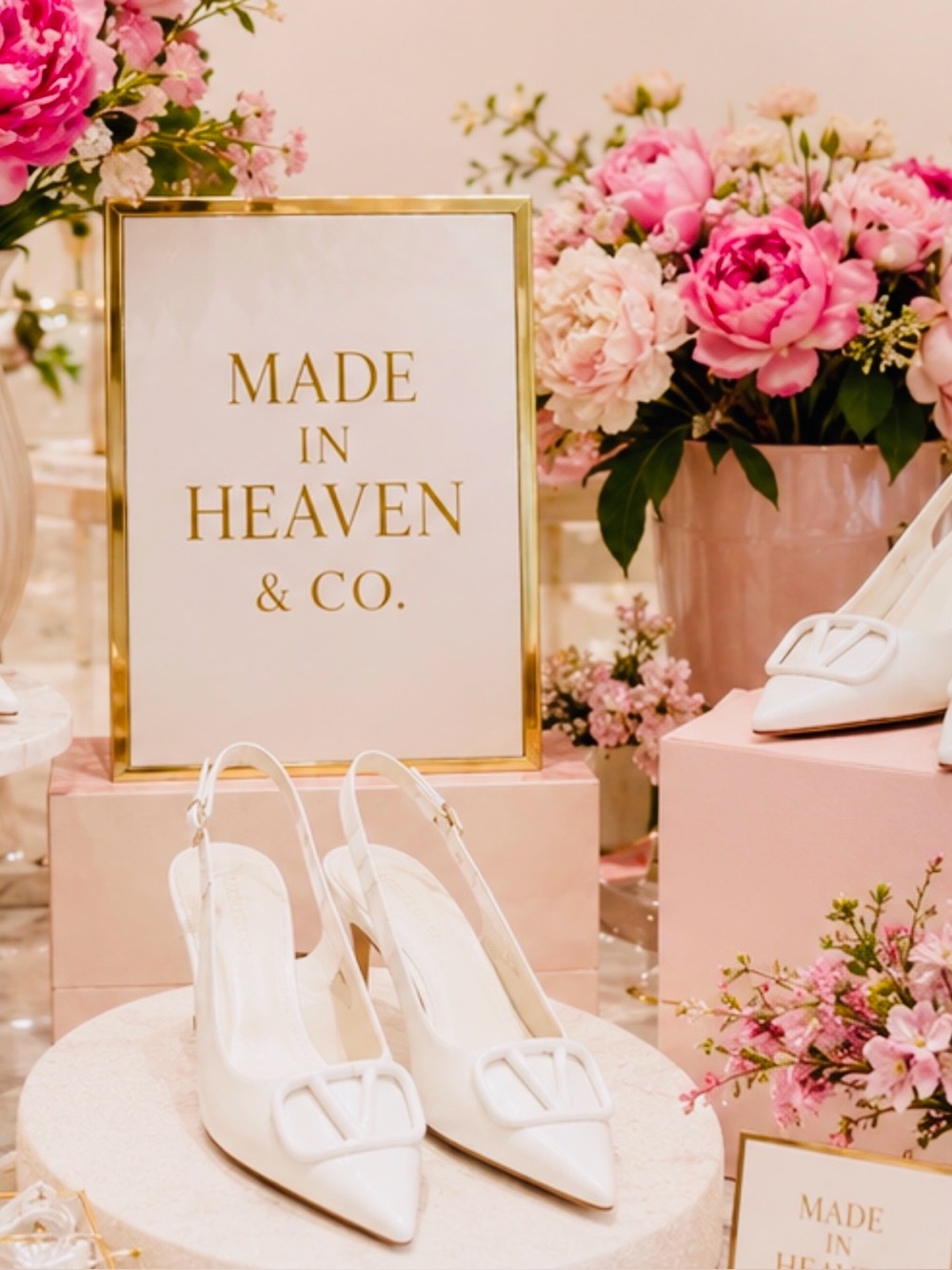 CO White Slingback Heels with Gold Frame Accents and Pink Floral Display